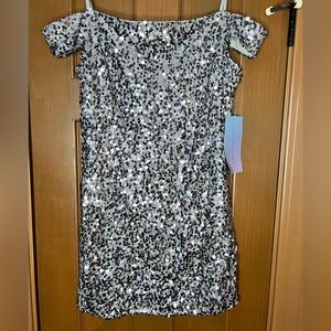 Silver Sequin Off the Shoulder Mini Dress